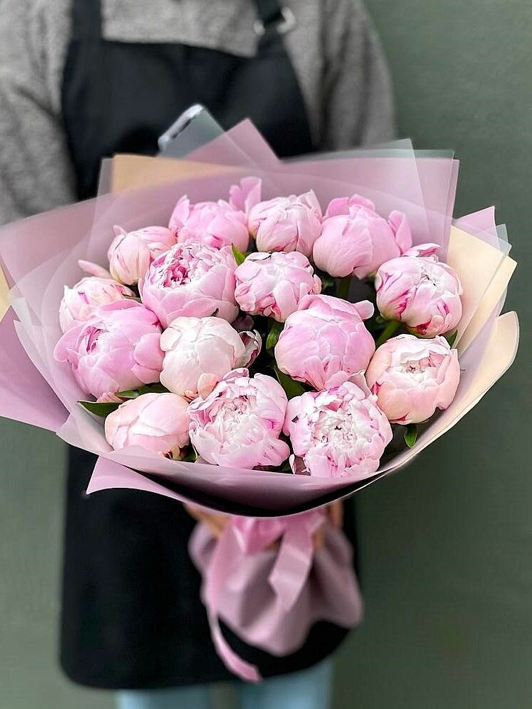 Букет пионов "Сара Бернар" XXL Holland, 15 цветов, высота 55см, ширина 30см