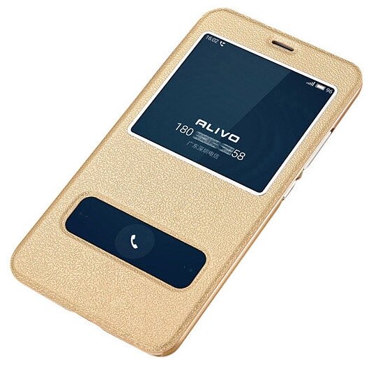 Чехол-книжка MyPads для iPhone 6S с окошком для входящих вызовов и свайпом золотой