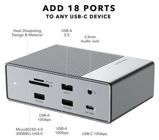 Док-станция Hyper HyperDrive GEN2 18-in-1, 2xHDMI, DP, VGA, 2xUSB 3.0, 3xUSB 2.0, USB Type-С, USB Type-С PD (100W), Toslink, Coaxial, 3.5mm Jack, GLAN, MicroSD/SD, 180W, серебристый (HD-G218)