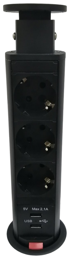 Блок розеток выдвижной вертикальный с 3 розетками и 2 USB D=60мм черный