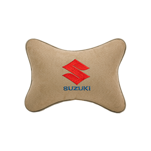 Автомобильная подушка на подголовник алькантара Beige с логотипом автомобиля SUZUKI