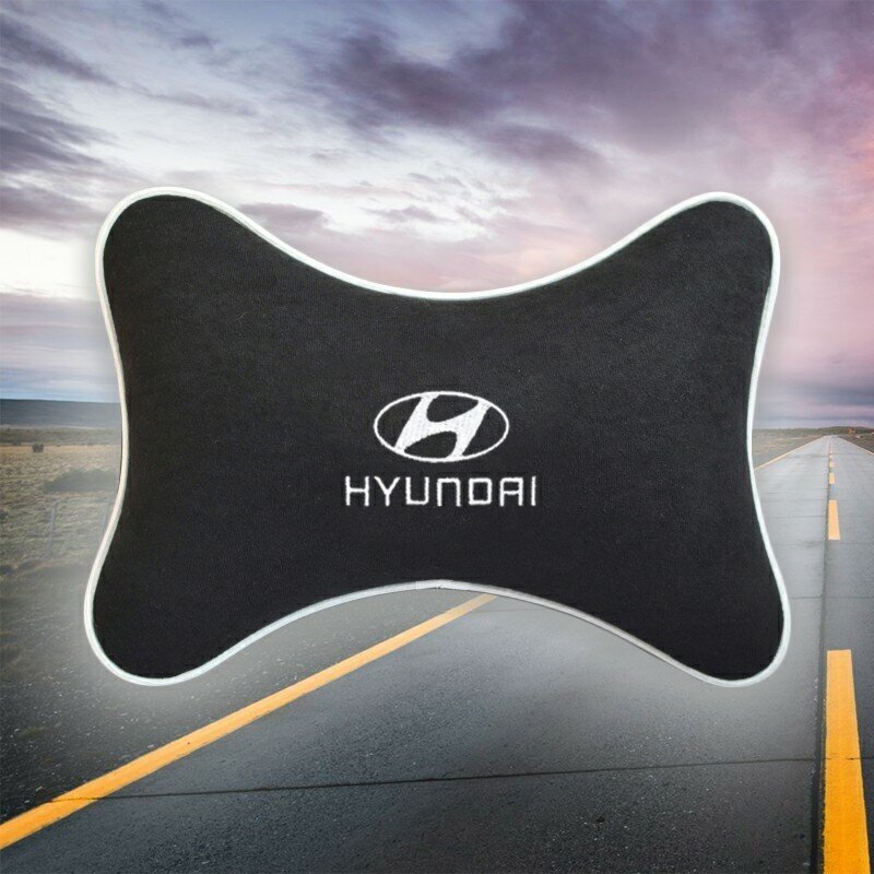 Автомобильная подушка под шею на подголовник из велюра черная с вышивкой для Hyundai