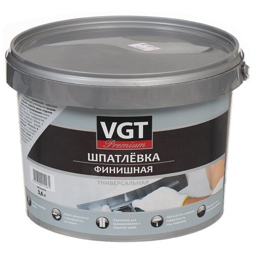 Шпатлевка VGT, Premium, акриловая, финишная, 3.6 кг шпатлевка финишная универсальная vgt premium 16кг