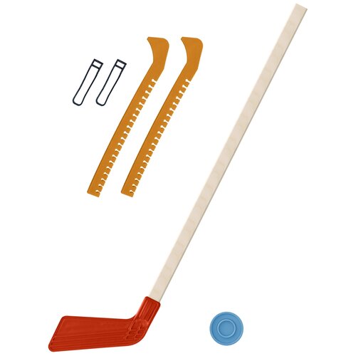 Детский хоккейный набор для игр на улице, свежем воздухе для зимы для лета Клюшка хоккейная красная 80 см.+шайба + Чехлы для коньков желтые