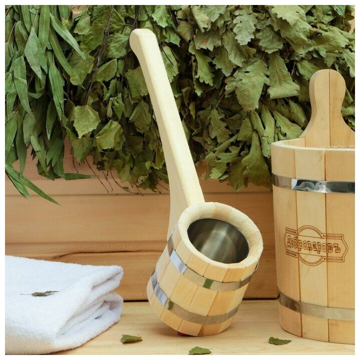 фото Ковш банный из липы 0.5л, 42 см, нержавеющая вставка, с горизонтальной ручкой, "Добропаровъ"