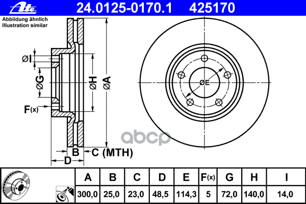 Торм. диск Пер. вент.[300X25] 5 Отв. Mazda 3 Bk12/14 2,0 03- Ate арт. 24-0125-0170-1