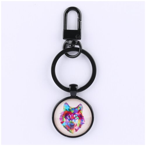 фото Брелок darifly "волк радужный" черный с карабином, кольцом 3 см и круглой стеклянной вставкой, в подарочной упаковке