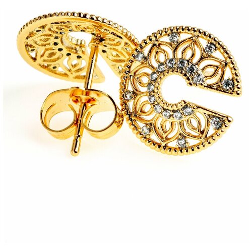 фото Серьги пусеты xuping jewelry, бижутерный сплав, фианит, размер/диаметр 13 мм., золотой
