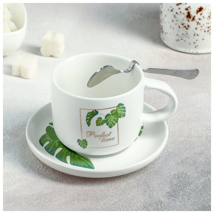 Набор керамический чайный с ложкой «Ботаника», 2 предмета: чашка 200 мл, блюдце, цвет микс
