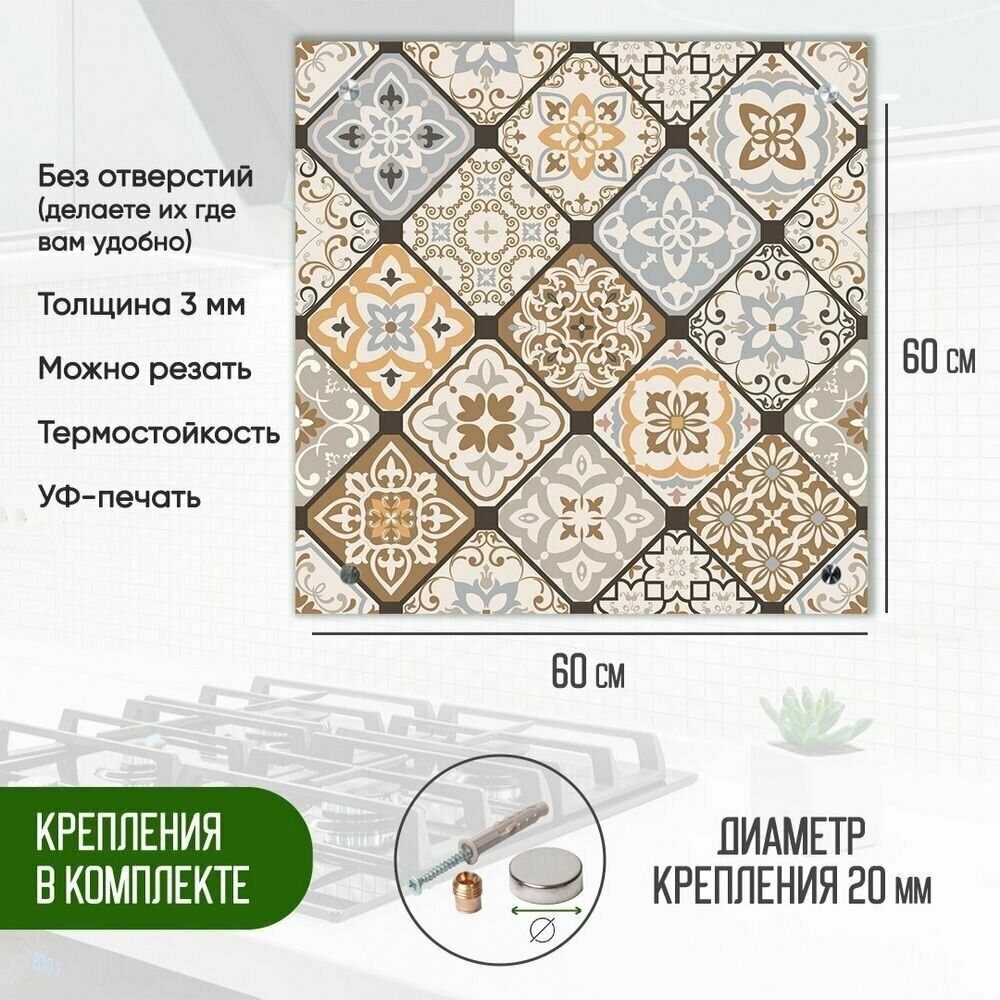 Защитный экран для кухни 600 х 600 х 3 мм "Мозаика", акриловое стекло на кухню для защиты фартука, прозрачный монолитный поликарбонат, 600-007 - фотография № 2