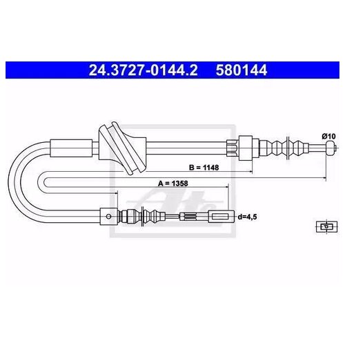 ATE 24.3727-0144.2 Трос ручного тормоза R AUDI 80/90/Coupe 1,8/2,0/2,3L all 86-91 ATE 24.3727-0144.2