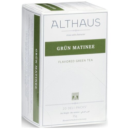 Чай зеленый Althaus Grun Matinee в пакетиках, василек, роза, лепестки подсолнечника, классический, тропические фрукты, зелень, 1 пак.