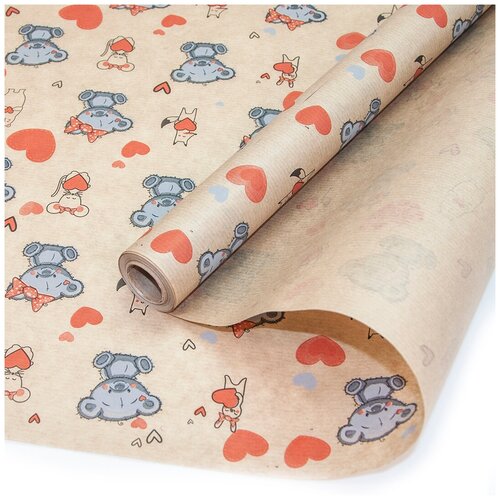 фото Упаковочная бумага, крафт 40гр (0,6*10 м) зверята с сердцами, 1 шт. дон баллон