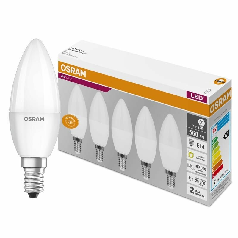 Лампочка Osram светодиодная Е14, 7 Вт, 3000К, свеча, 5 шт