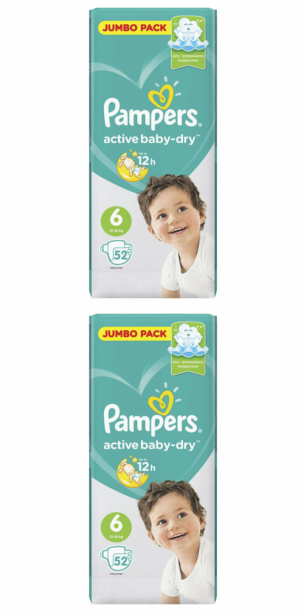 Pampers Подгузники детские Active Baby-Dry для малышей 13-18 кг, 6 размер, 52 шт, 2 упаковки