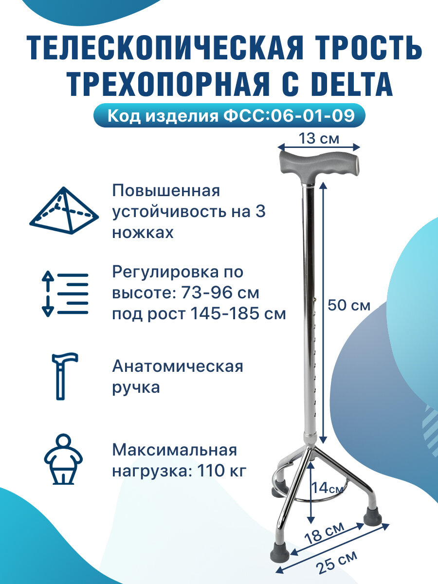 Телескопическая трехопорная трость с пирамидальной опорой C Delta для ходьбы для пожилых людей с регулировкой высоты 73-96 см