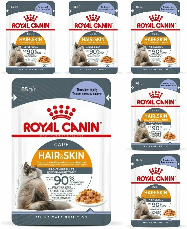 Royal Canin Влажный корм для кошек Hair&Skin, идеальная кожа и шерсть, тонкие ломтики в желе, 85 г, 6 шт