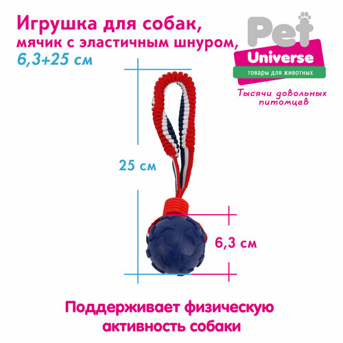 Игрушка для собак Pet Universe мячик с эластичным шнуром шнуром 6,3х25 см, ТПР+полиэстер, синий, PU3056BE мячик для собак jw pet