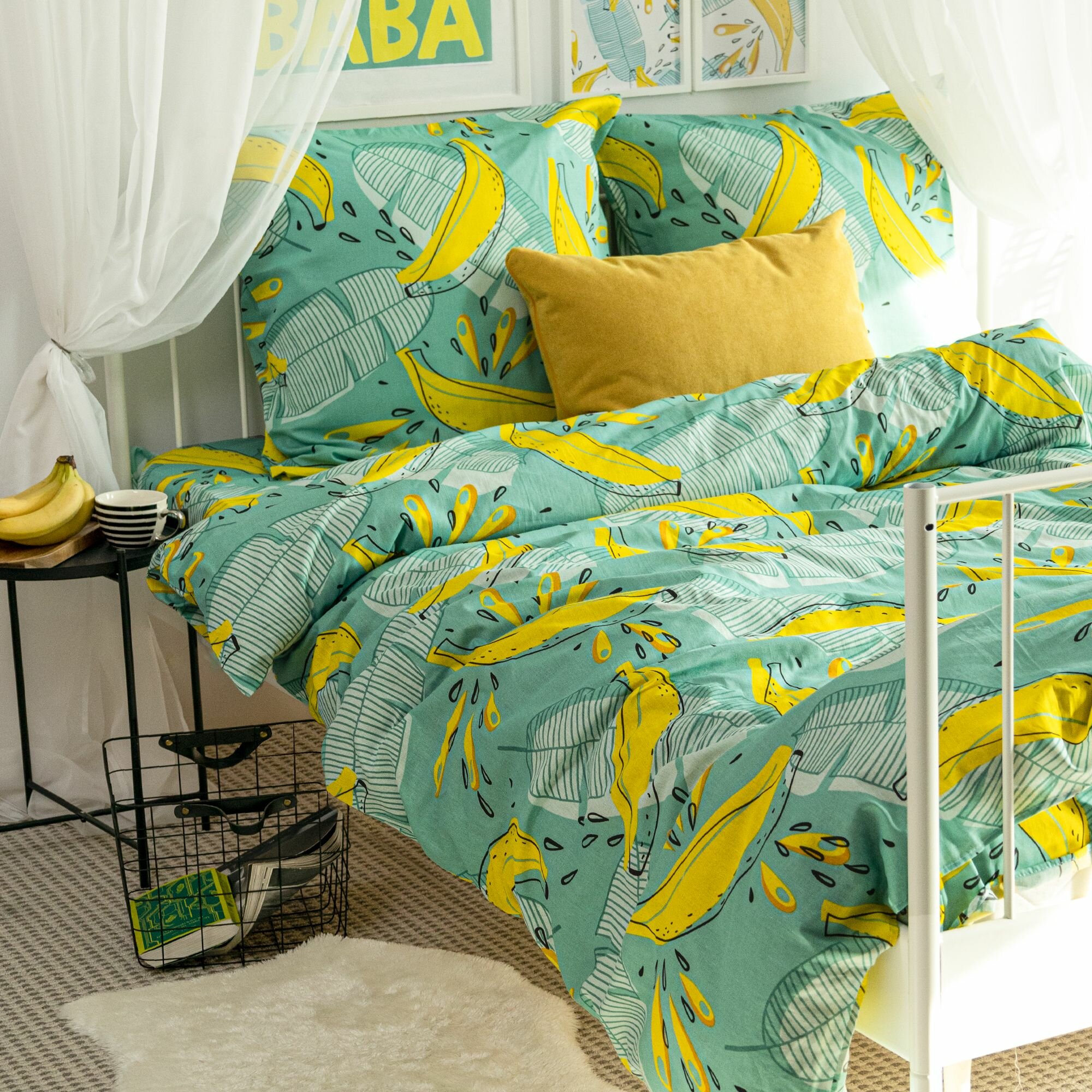 Комплект постельного белья 2-спальный с Евро простыней (2 нав. 70х70) Хлопок, Бязь Galtex Бананы зеленый