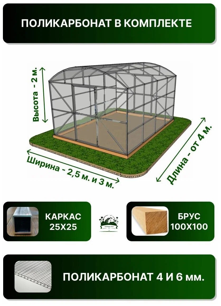 Теплица Прямостенная (Поликарбонат в комплекте) оцинкованный каркас профиль 25Х25 2,5Х4