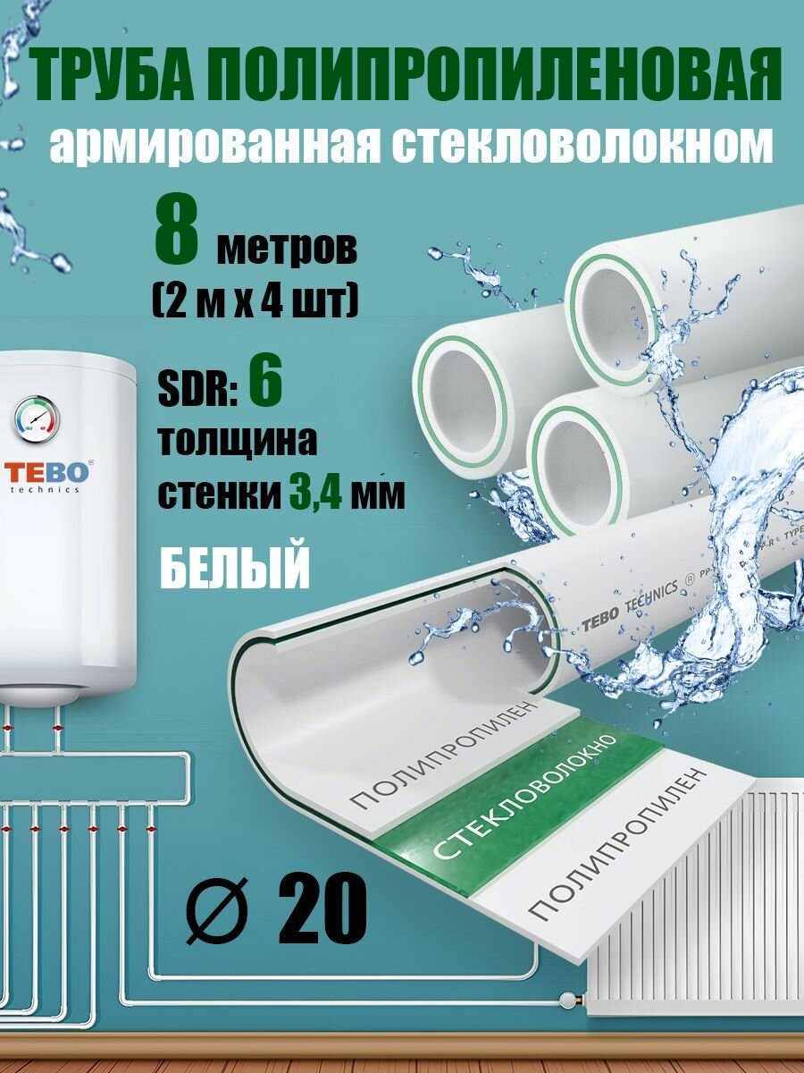 Труба 32 мм полипропиленовая армированная стекловолокном (для отопления) SDR 6 16 метров (2 м х 8 шт) / Tebo (белый)