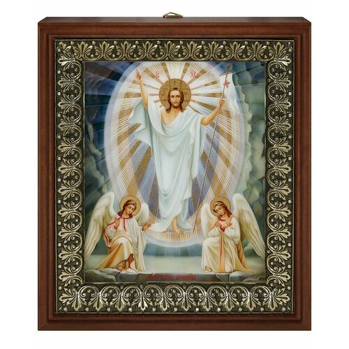 Икона Воскресение Христово 4 на золотом фоне в рамке со стеклом (размер изображения: 13х16 см; размер рамки: 18х20,7 см).