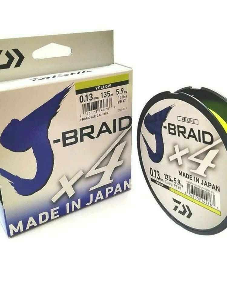 Плетеный шнур DAIWA J-Braid X4 d=0.13 мм, 135 м, 5.9 кг, yellow, 1 шт.