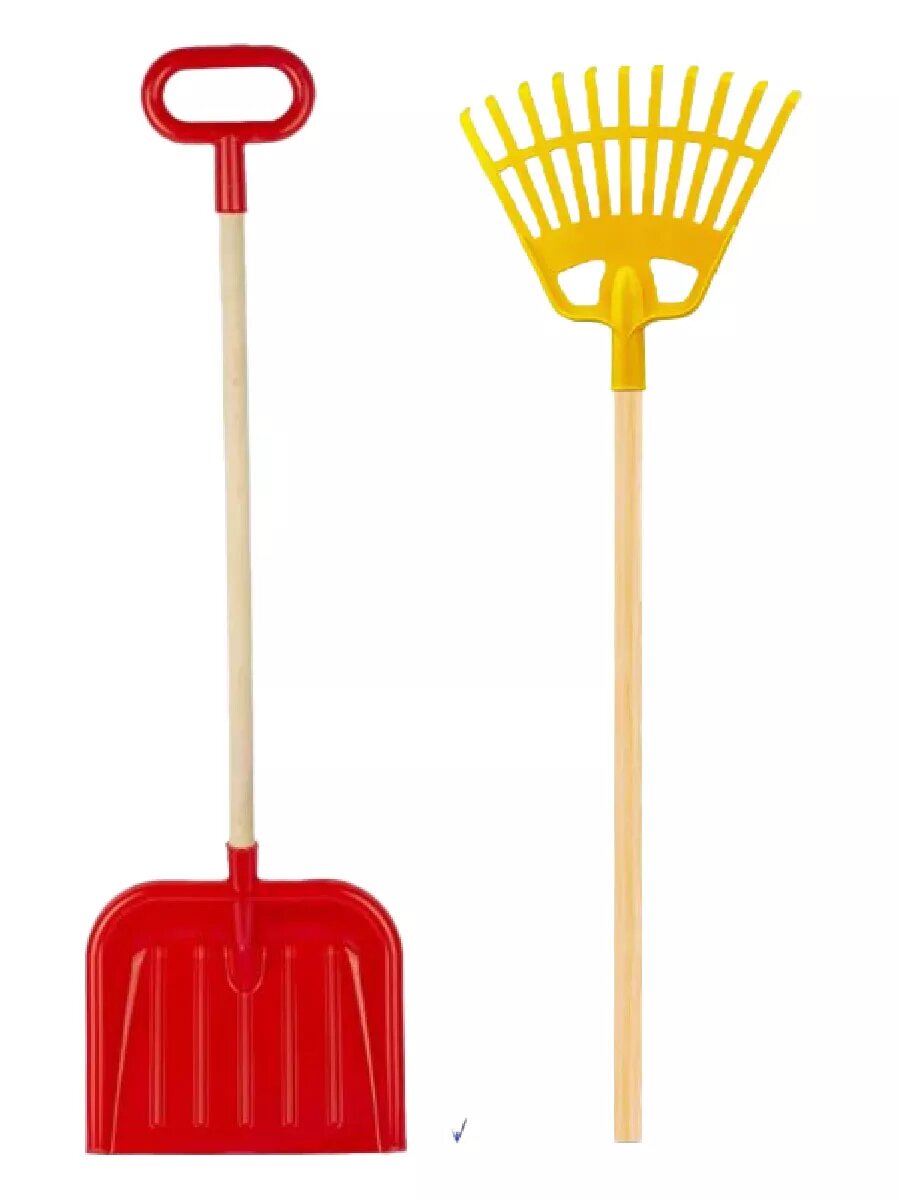 Детский набор Грабли желтые и Лопатка красная, дерево/пластмасса — фото 1