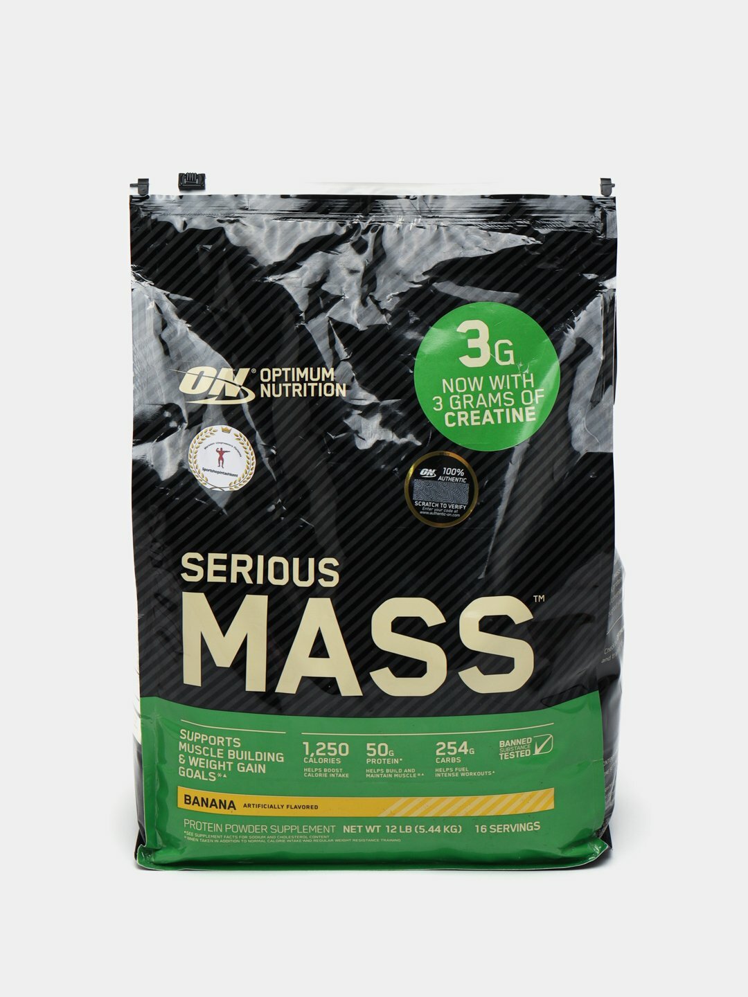 Американский Гейнер Optimum Nutrition Serious Mass со стикером, для набора массы, 5.44 кг, банан