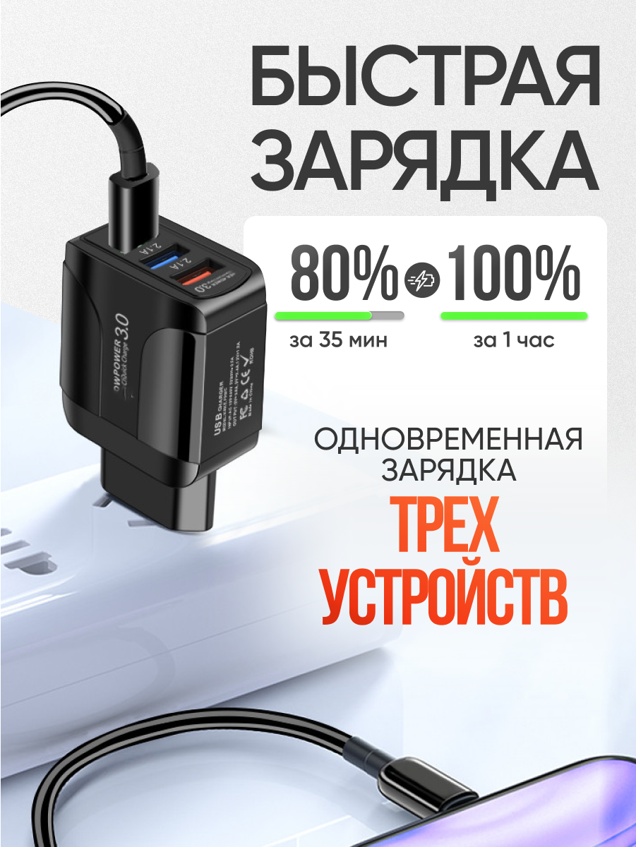 Зарядное устройство для телефона 3 USB AlisaFox быстрая зарядка для Samsung, Honor, Xiaomi, Readme и iPhone — фото 1
