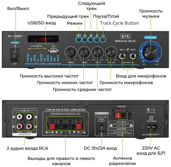 Усилитель TM8 AV-568BT 60 Вт