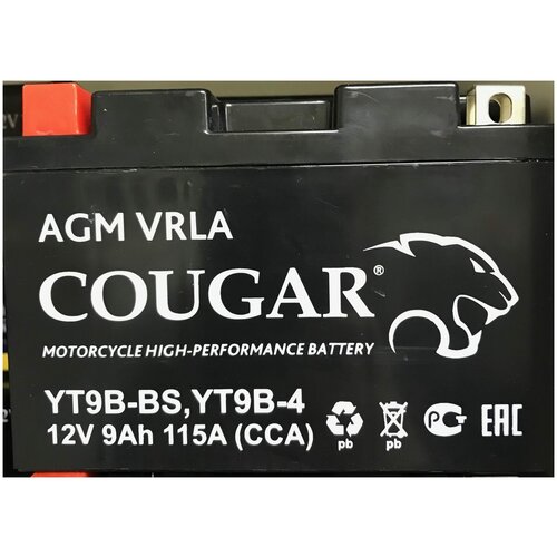 фото Аккумулятор мотоциклетный cougar agm yt9b- bs 12v 9ah (залит и готов к применению)