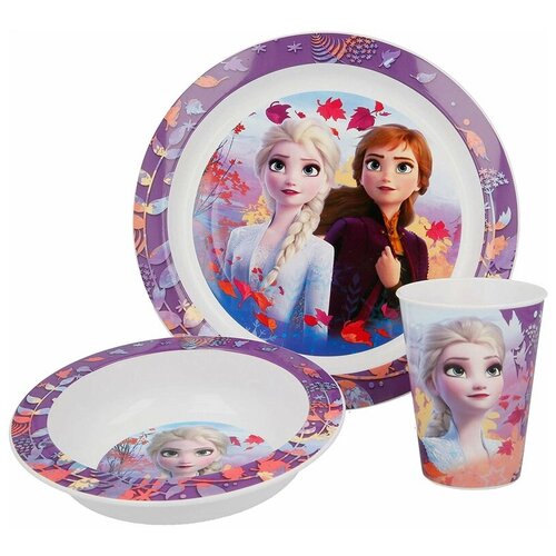 Набор детской пластиковой посуды из 3-х предметов для СВЧ (тарелка, миска, стакан). Холодное сердце 2