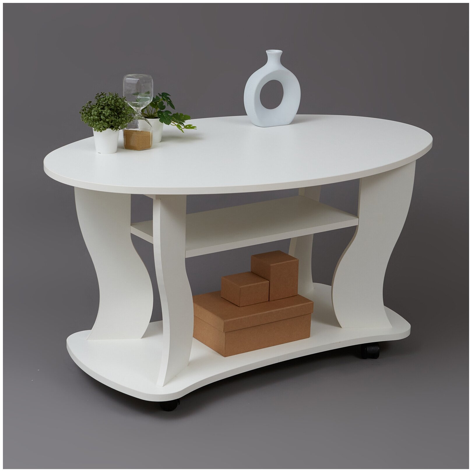 Журнальный стол TAVOLINO приставной столик овальный на колесиках белый 98х60х53 см VERAMENTE