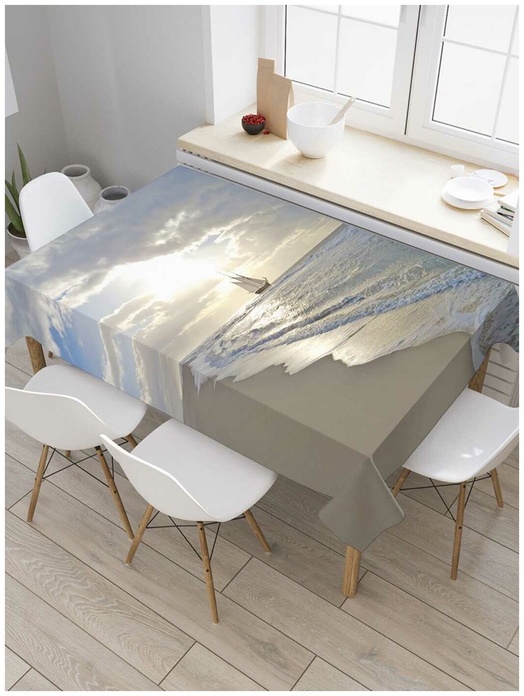 Скатерть прямоугольная JoyArty на кухонный стол "Корабль на берегу" из оксфорда, 180x145 см