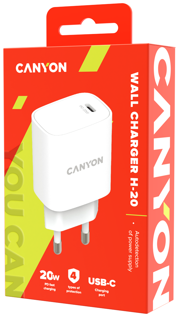 Зарядное устройство сетевое Canyon CNE-CHA20W02 PD 20Вт, USB-C, защита от КЗ, сверхтока, перегрева, перегрузки, белый - фото №3