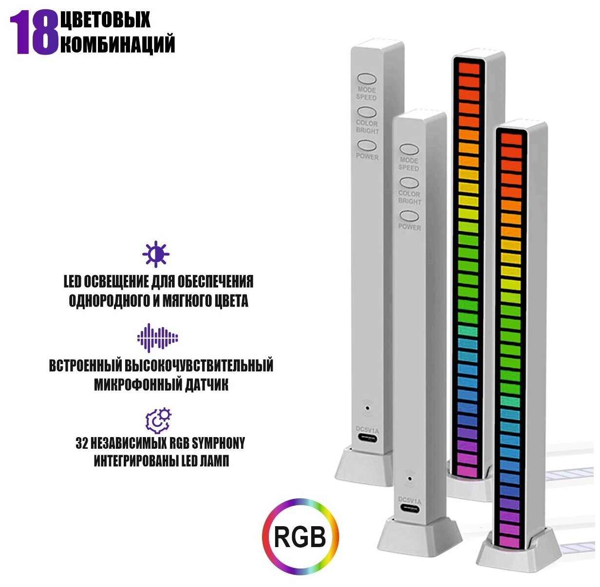 Светодиодная подсветка RGB D081 эквалайзер для музыки, белый, 2 шт.