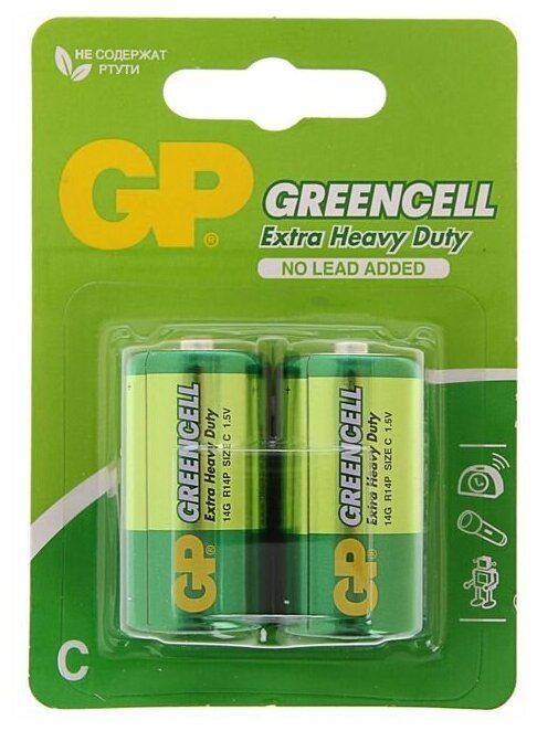 Батарейка солевая GP Greencell Extra Heavy Duty, С, R14-2BL, 1.5В, блистер, 2 шт.