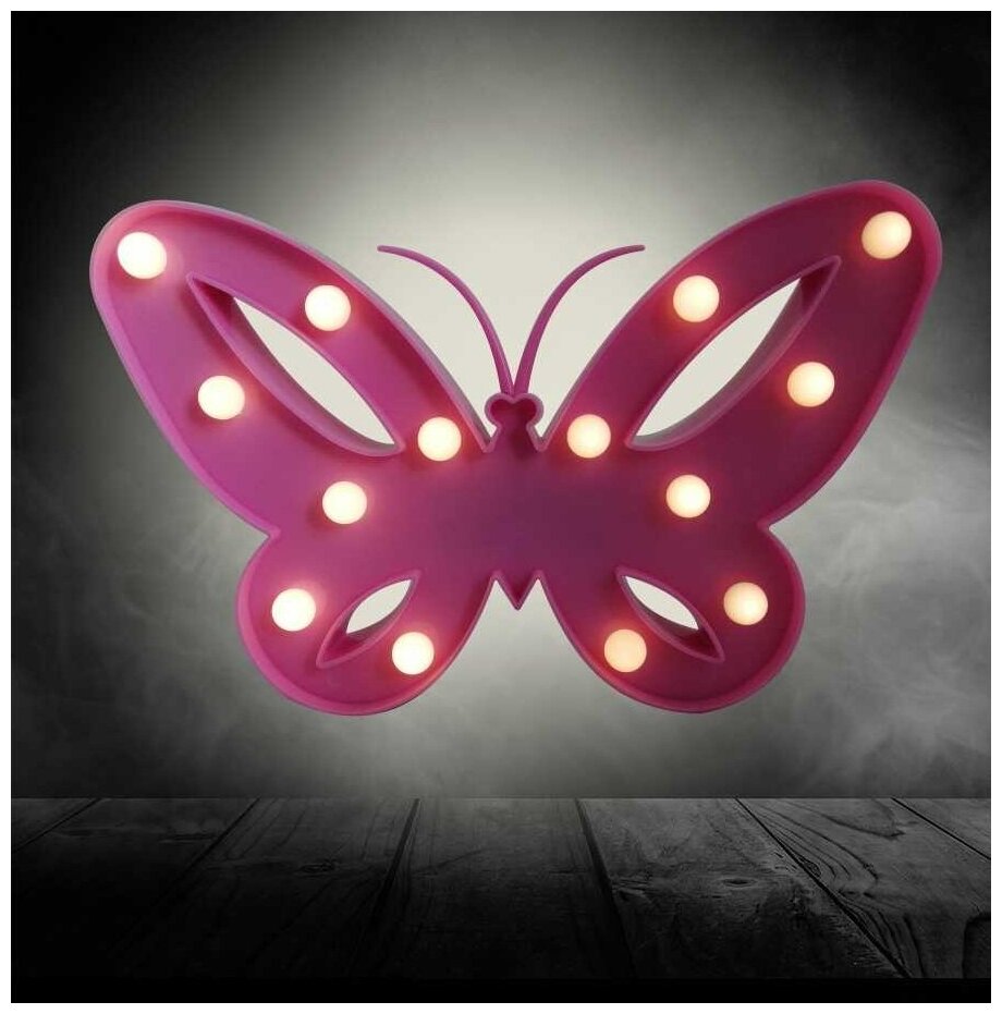 фото Светодиодный светильник с теплым белым цветом свечением для интерьера детской или спальни 12-61. Компактная настольная ночная лампа в виде бабочки. LED светильник-ночник работает с 14 диодами работает от батареек ААА / IP20 / 3Вт