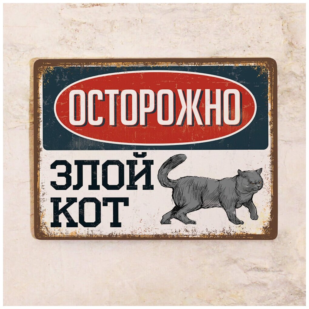 Жестяная табличка Осторожно злой кот, британец, подарок кошатнику, металл, 20х30 см.