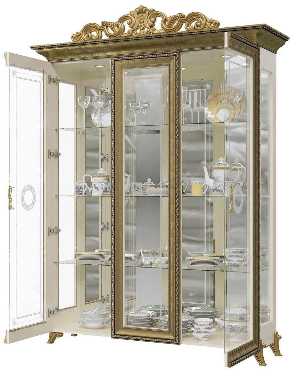 Шкаф-витрина 3-х дверный с короной Версаль ГВ-04К цвет слоновая кость - фотография № 2