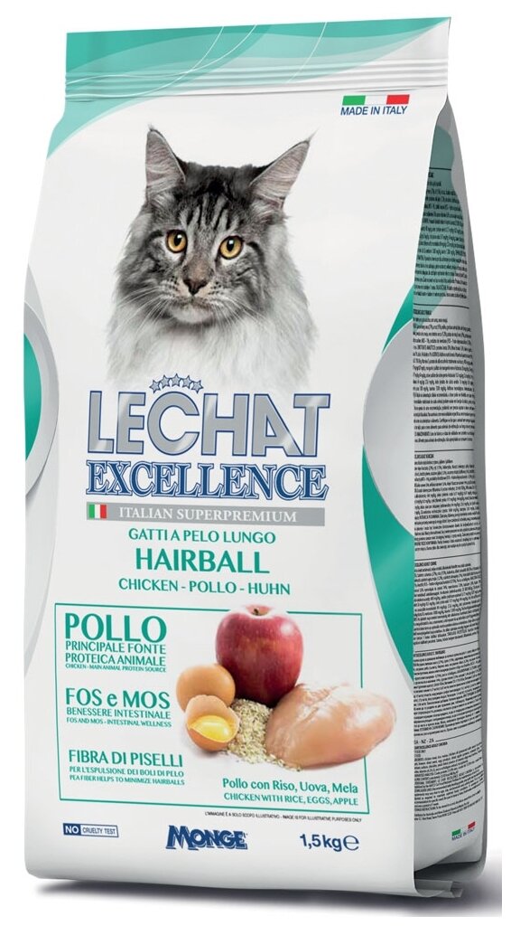 Корм для кошек LECHAT EXCELLENCE Hairball для вывода шерсти, курица, рис, яйца, яблоки сух. 1,5кг