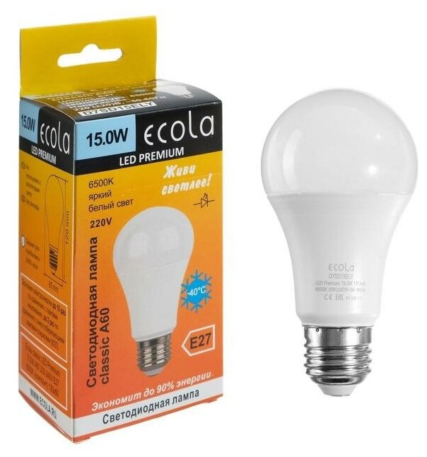 Ecola Лампа светодиодная Ecola classic Premium, Е27, А60, 15 Вт, 6500 К, 120х60 мм - фотография № 1