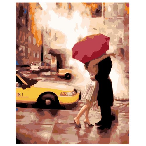Картина по номерам, Живопись по номерам, 80 x 100, DA07, Влюблённые, поцелуй, дождь, зонт, картинки, любовь, Париж, такси, дождь картина по номерам живопись по номерам 80 x 100 em18 влюблённые поцелуй зонт дождь двое под зонтом романтика мост