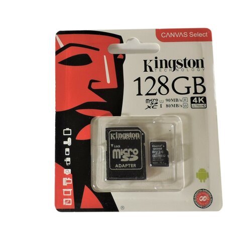 Карта памяти MicroSDXC Kingston 128Gb A1 V10 UHS-IU3 + SD адаптер, 100mb/s (SDCS2/128GB)