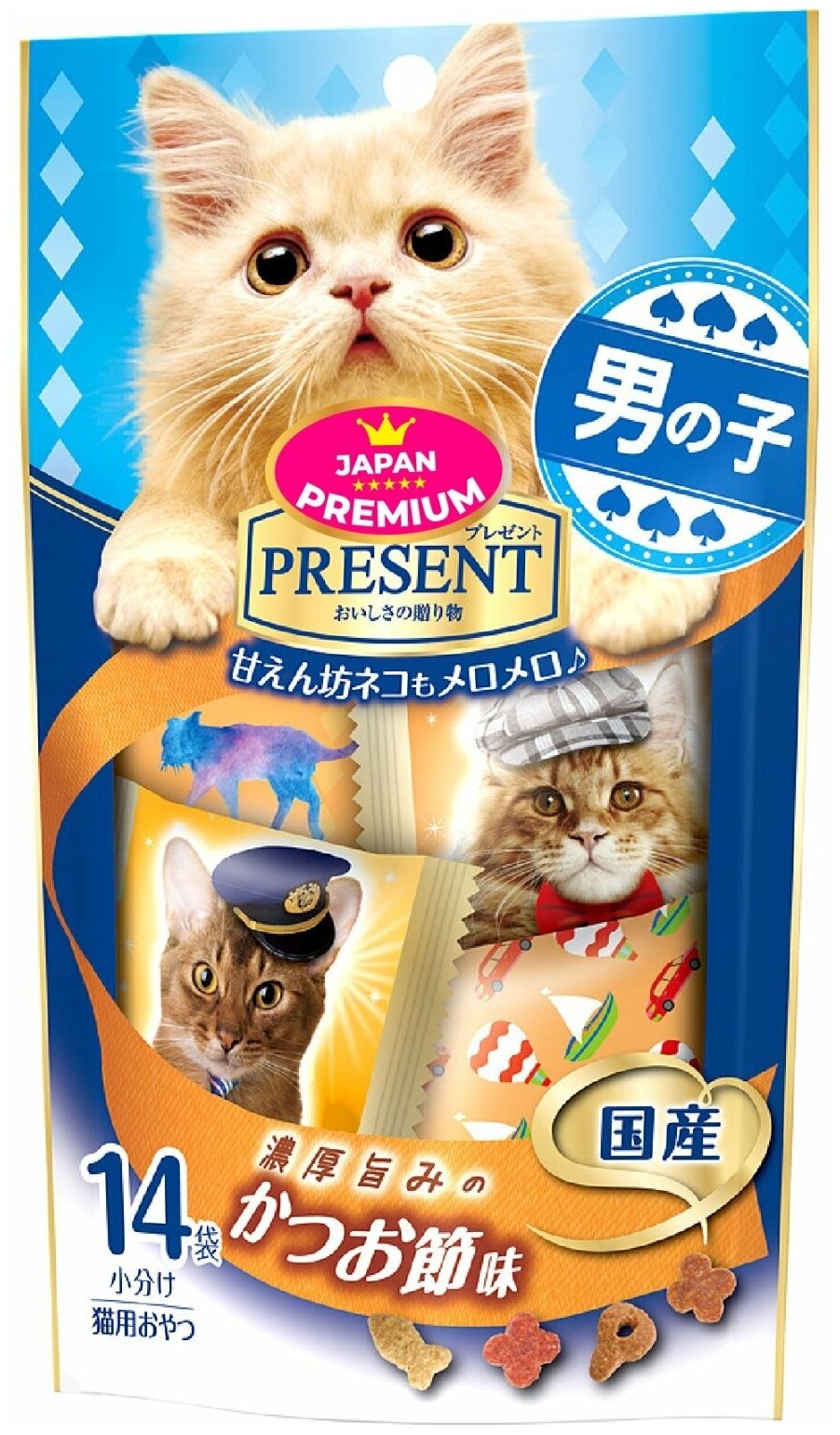 Лакомство для кошек Japan Premium Pet, хрустящий корм PRESENT для избалованных котов на основе сушеного тунца бонито, 42г - фотография № 1
