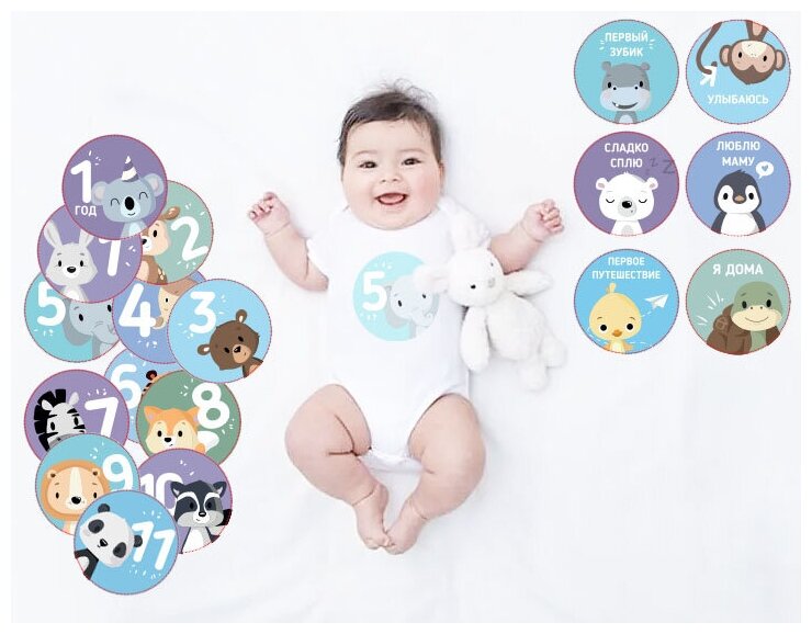 Наклейки для фотосессии малышей (18шт.) многоразовые. Наклейки для фото по месяцам. Аксессуар для фотосессий. Стикеры для новорожденного.