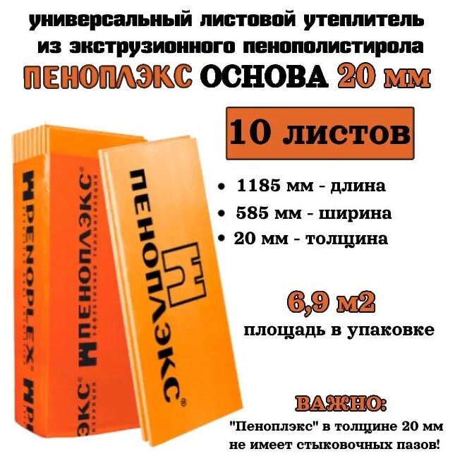 Пеноплэкс 20мм основа 20х585х1185 (10 плит) 6,9 м2 универсальный утеплитель из экструзионного пенополистирола - фотография № 1