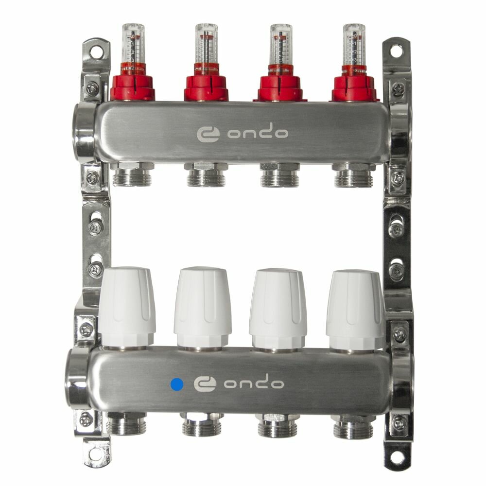 Коллектор для теплого пола ONDO нержавеющая сталь 4 выходов в сборе с расходомерами и термостатическими клапанами