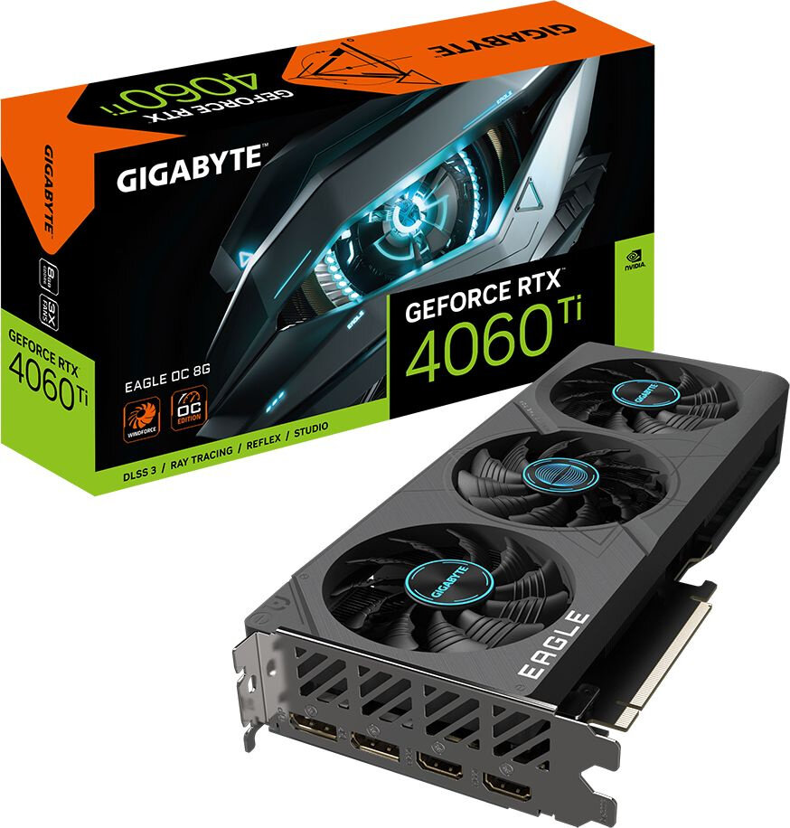 GIGABYTE Видеокарта Gigabyte PCI-E 4.0 GV-N406TEAGLE OC-8GD NVIDIA GeForce RTX 4060TI 8Gb 128bit GDDR6 2550/18000 HDMIx2 DPx2 HDCP Ret GV-N406TEAGLE OC-8GD